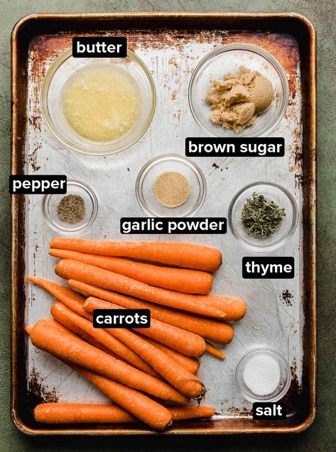 These brown sugar roasted carrots are a new favorite side dish at our house. It's as simple as prepping the ingredients, tossing together, and then roasting the carrots in the oven. They are so easy to make, my younger kids were able to throw this meal together! Brown Sugar Roasted Carrots, Carrot Recipes Side Dishes, Thyme Butter, Oven Roasted Carrots, Confit Recipes, Roasted Baby Carrots, Baby Carrot Recipes, Sugar Carrots, Glazed Carrots Recipe