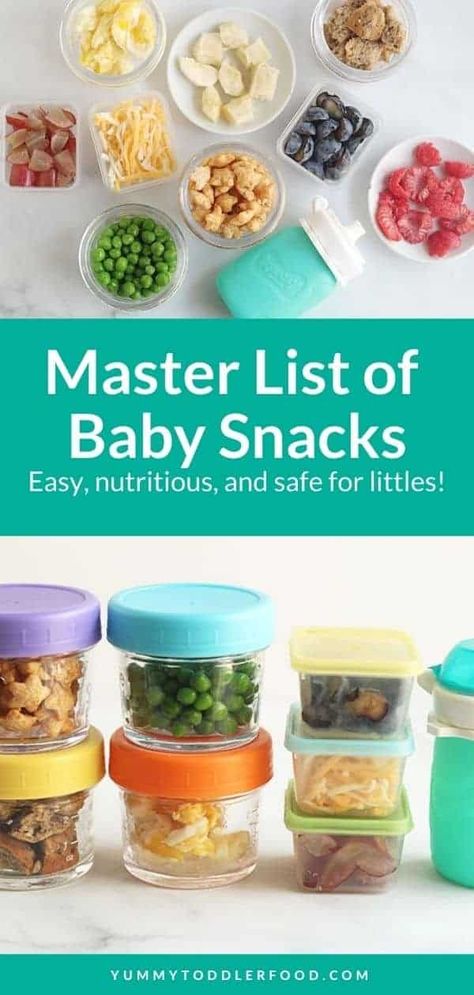 baby-snacks-on-countertop Healthy Snacks One Year Old, Snacks One Year Old, Easy Blw Snacks, Snack Pouch Recipes, One Year Old Snacks On The Go, Finger Food For One Year Old, Easy Snacks For One Year Old, Infant Snacks For Daycare, Easy Baby Finger Foods