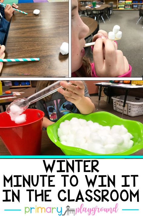 Classroom Winter Party, Games In The Classroom, Primary Playground, Winter Party Games, Snowman Games, Classroom Christmas Party, Minute To Win, Minute To Win It Games, Winter Classroom