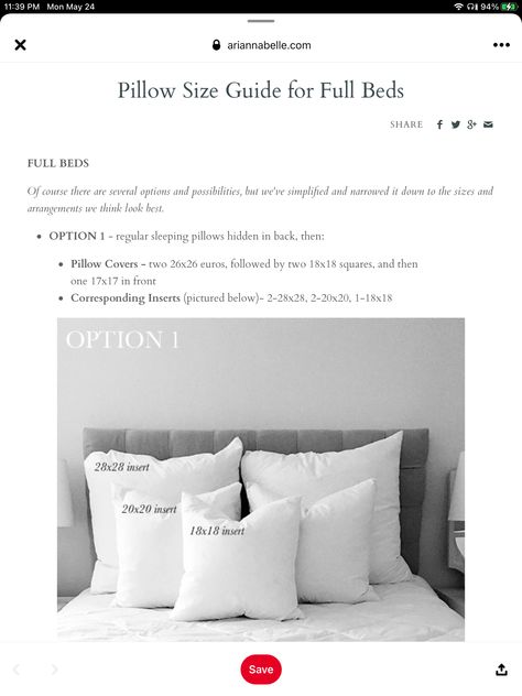 Euro Pillows On Full Bed, Queen Bed With Euro Pillows, Euro Pillows On Bed Queen, Bed Pillow Arrangement, Bedding Color, Pillow Size Guide, Duvet Design, Bed Pillow Sizes, Euro Pillows