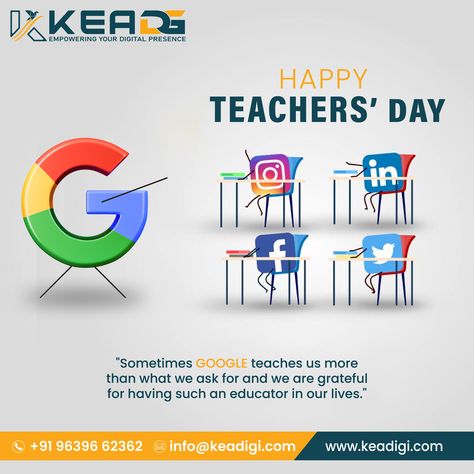 HAPPY
TEACHERS' DAY
in
"Sometimes GOOGLE teaches us more than what we ask for and we are grateful for having such an educator in our lives."

Connect with 𝗞𝗘𝗔𝗗𝗜𝗚𝗜 Best Social Media Digital Marketing Online Advertising Internet Marketing Agency in Ahmedabad

☎️ Call us +𝟵𝟭 𝟵𝟲𝟯𝟵𝟲 𝟲𝟮𝟯𝟲𝟮
🌐 Visit us 𝘄𝘄𝘄.𝗸𝗲𝗮𝗱𝗶𝗴𝗶.𝗰𝗼𝗺

#keadigi #keastox #keaedu #keagroup #TeachersDay #शिक्षक_दिवस #teacher #happy #teachers #day #happyteacherday #happyteacherday Happy Teacher's Day Social Media Posts, Teachers Day Digital Marketing, Teachers Day Social Media Post, Teachers Day In India, Hair Poster, Festival Post, Digital Marketing Channels, Human Values, Paid Ads