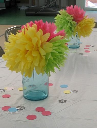 tissue paper flower centerpiece (to alternate with centerpiece of balloon and picture Paper Flower Centrepiece, Simple Spring Table Decor Diy Centerpieces, Easy Spring Centerpieces Diy, Test Tube Flower Centerpiece, Easy Party Centerpieces, Centerpiece Party Ideas, Easy Centerpieces For Party, Easy Table Centerpieces, Tissue Paper Centerpieces