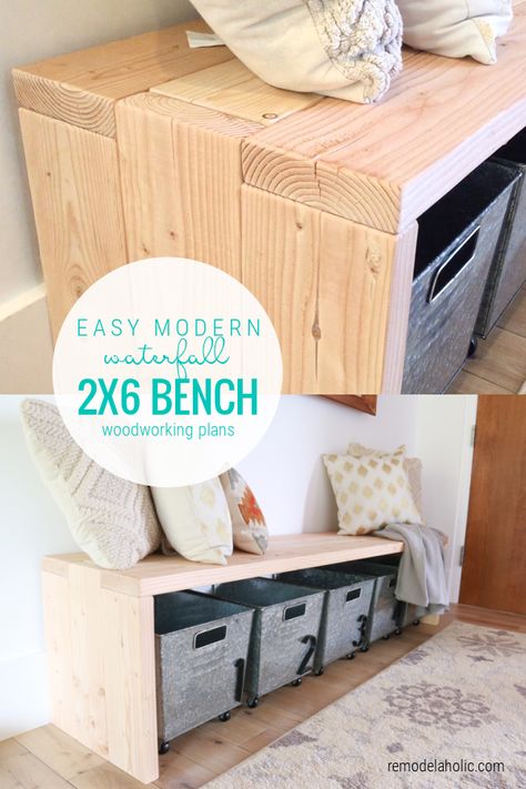 Diy Long Wood Bench, Diy Entryway Bench With Back, Diy Wood Bench With Storage, Simple Diy Bench Entryway, Diy 2x6 Wood Projects, Entryway Bench Dimensions, Entry Seating Bench, How To Build A Simple Bench, Diy Foyer Bench Entryway