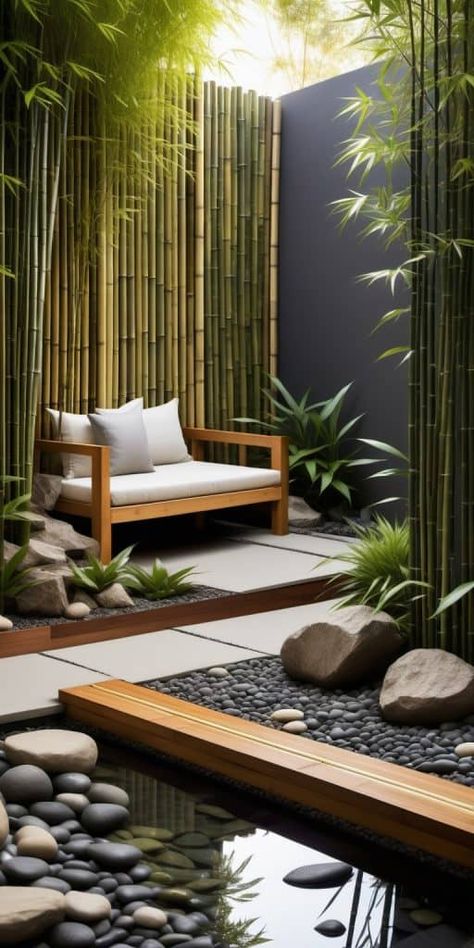 Zen Bamboo Garden, Front Yard Japanese Garden, Oasis Garden Ideas, Bamboo Garden Ideas, Barbie Backyard, Japanese Estate, Small Japanese Garden Ideas, Mini Zen Garden Ideas, Zen Patio