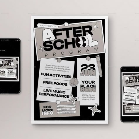 Monochrome Flat Design After School Program Flyer Set School Club Flyers, School Club Flyer Design, Flyer Design School, School Graphic Design Poster, Creative Poster Design Ideas For School, School Club Poster, Upcoming Events Design, Class Flyer Design, School Event Flyer