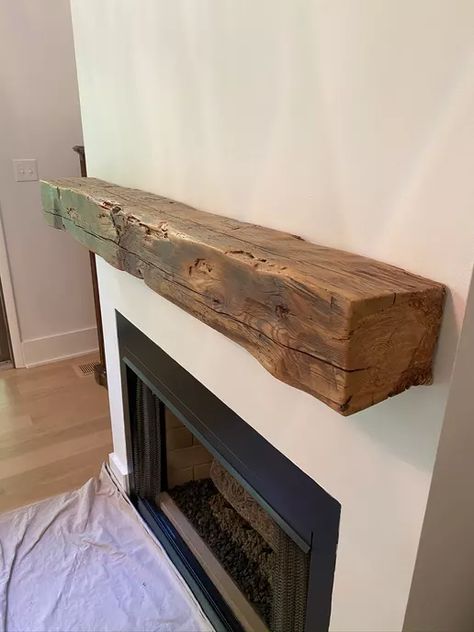 Natural Edge Mantle, Wood Block Mantle, Reclaimed Wood Mantle Fireplace Rustic, Barnwood Mantle Diy, Fireplace With Timber Mantle, Rustic Floating Mantle, Thick Wood Mantle, Mantel Beam Ideas, Reclaimed Beam Mantle