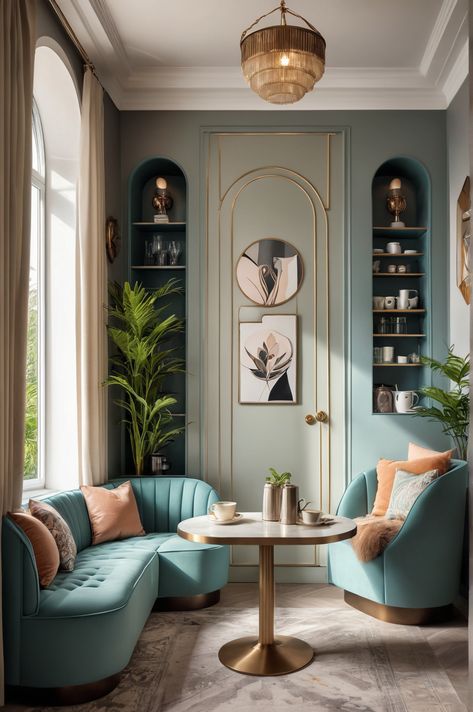 10 Ideas and Inspiration for Art Deco Style Coffee Nooks - afullmug.com Art Deco Interior Small Spaces, Relaxing Nook Cozy Corner, French Inspired Office, Cozy Nook Living Room, 1920s Office, Art Deco Apartment Decor, Coffee Nook Ideas, Art Deco Interior 1920s, Tea Nook