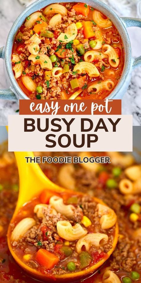 This busy day soup recipe is delicious, hearty, and super comforting. I'm calling this soup your new weeknight superhero! This easy-to-make, one-pot soup combines the rich flavors of savory broth, tender pasta, and nutritious veggies with the satisfying bite of ground beef. Easy Soup Dinner Recipes, Leftover Pork Loin Recipes Soup, Lazy Day Soup, Unique Soup Recipes, Beef Broth Soup Recipes, Easy Soup Recipes Quick, Soup With Beef Broth, Busy Day Soup, Fast Soup Recipes