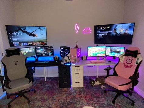 Computer Gaming Room Couples, Alex Drawer Gaming Setup, Gaming Rooms For Couples, Double Gamer Room, Couple Set Up Gamer, Couple Gaming Bedroom, Couple Gaming Setup Aesthetic, Gaming Room Setup His And Hers, Gaming Setup For Couples