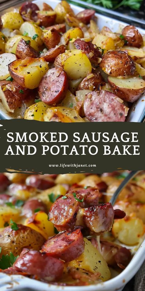 Smoked Sausage and Potato Bake Roasted Smoked Sausage And Potatoes, Smoked Sausage And Potato Bake, Potato Sheet Pan Dinner, Smoked Sausage And Potatoes, Potato Sheet Pan, Smoked Sausage And Potato Recipe, Sausage And Potato Bake, Sausage And Potatoes, Smoked Sausage Recipes