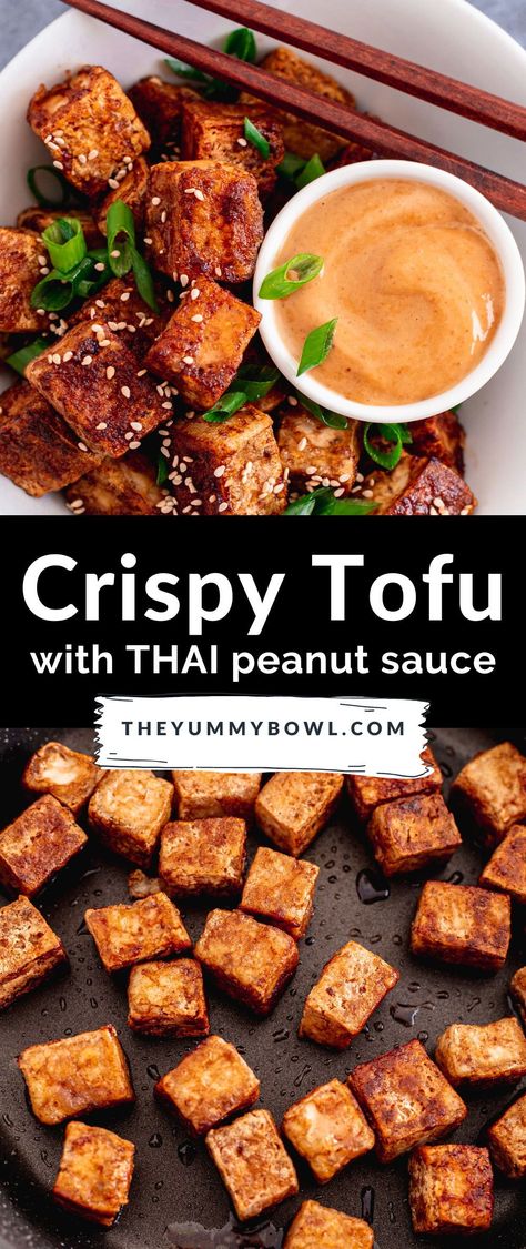 Crispy Tofu With Peanut Sauce, Fried Tofu Meals, Tofu And Peanut Sauce, Tofu Recipes Peanut Sauce, Peanut Tofu Satay, Peanut Tofu Recipes, Pan Fried Tofu Recipes, Medium Firm Tofu Recipes, Fried Tofu Crispy