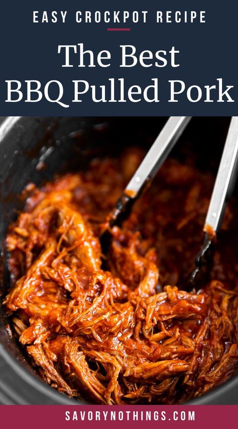 Learn how to make the best BBQ pulled pork in your slow cooker - just 10 minutes of prep time will turn 5 simple ingredients into a delicious sandwich filling! Great for summer cookouts, BBQs and potlucks or early fall football tailgates. | #slowcooker #crockpot #potluck #summerrecipes #tailgate #easydinner #porkrecipes Pulled Pork For A Crowd Parties, Slow Cooker Pulled Pork Bbq, Crockpot Potluck, Bbq Pork Crockpot, Slow Cooker Bbq Pulled Pork, Crockpot Pulled Pork Bbq, Pork Crockpot, Bbq Pulled Pork Slow Cooker, Bbq Pork Sandwiches