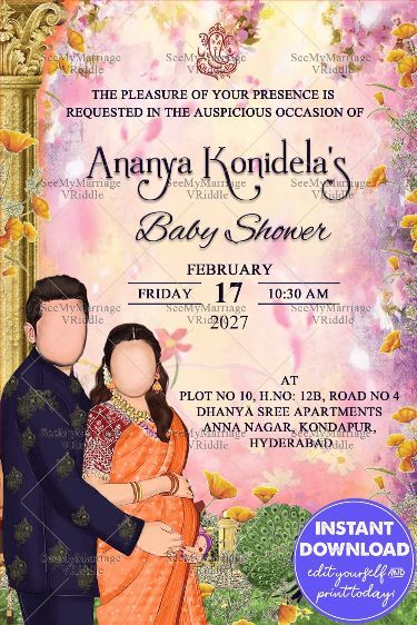 Indian Baby Shower Invitations, Traditional Couple, Indian Baby Showers, Couples Baby Shower Invitations, Wedding Caricature, Baby Birthday Invitations, Baby Shower Invitations Design, Indian Couple, Parents To Be