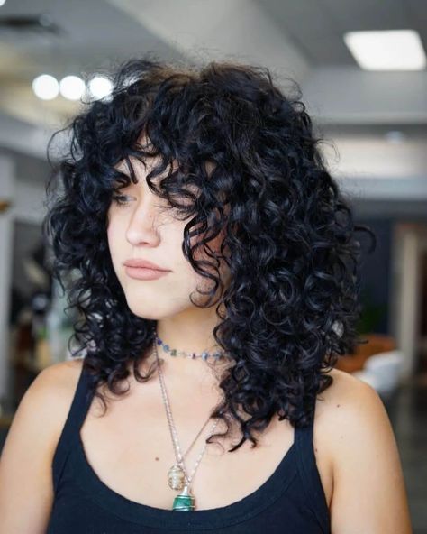 Soft, Curly Wolf Cut Curly Hair Cuts Round Face, Short Hair Haircuts With Bangs, Curly Hair Layers Short, Short Curly Wolf Cut With Bangs, Curly Hair Cuts With Bangs, Long Short Haircuts, Curly Haircut With Bangs, Alaina Rose, Curly Haircuts With Bangs