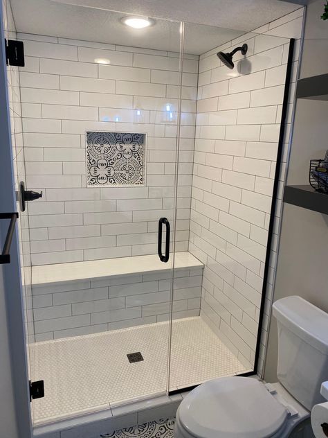 Small Guest Bathroom Shower Ideas, Walk In Shower With White Subway Tile, Shower Stall With Curtain Instead Of Door, Standing Tile Shower Ideas, Tub To Stand Up Shower Remodel, Small Restroom Ideas Showers, 5ft Walk In Shower Ideas, Shower Wall Tile Ideas Farmhouse, 3x4 Shower Master Bath