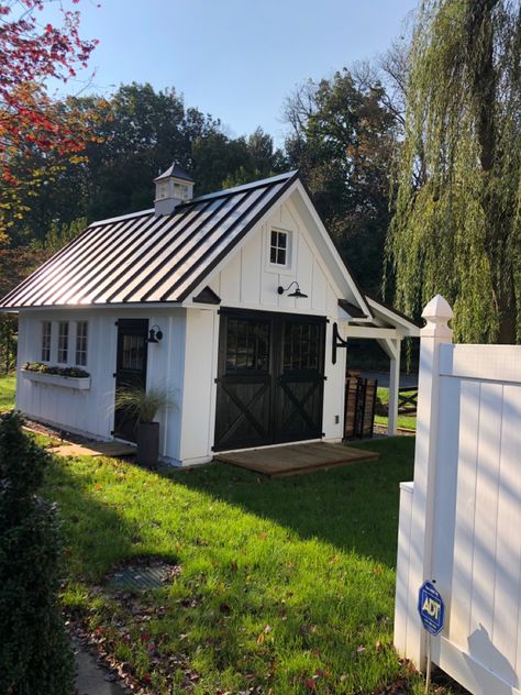 Pergola With Storage Shed, Barn Storage Shed, Modern Outdoor Shed Ideas, Farmhouse Storage Shed, Modern Farmhouse Storage Shed, Storage Shed Remodel, Small Shed With Porch, Shed With Overhang Porch, Shed With Carport Ideas