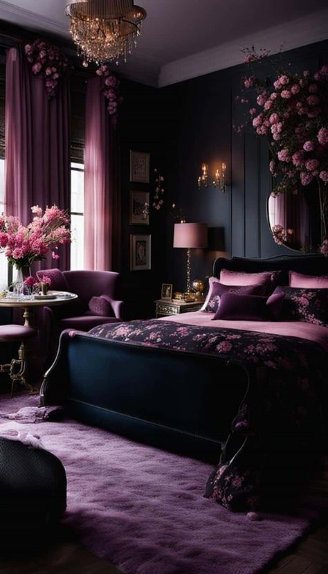 Teal And Plum Bedroom, Dark Purple And Black Bedroom, Purple Romantic Bedroom, Color Themed Rooms, Floral Vintage Bedroom, Scorpio Room Aesthetic, Navy And Blush Bedroom, Pink And Black Bedroom Aesthetic, Dark Purple Room Aesthetic