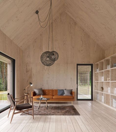 How To Add Character To Basic Architecture: Unfinished and Raw Wood Plywood Living Room, Ply Interiors, Plywood Interior Walls, Chalet Modern, Plywood Ceiling, Plywood Interior, Plywood Walls, Interior Modern, Modern Cabin