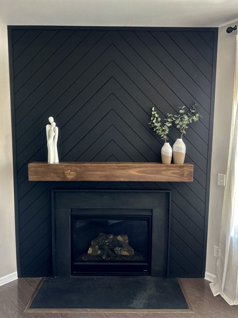 Fireplace Mantle Minimalist, Wood Black Home Decor, Black Fireplace Wall Corner, Black Tile And Shiplap Fireplace, Black Fireplace In Bedroom, Textures Fireplace Wall, Dark Shiplap Fireplace Wall, Black Faux Fireplace Mantel, Accent Wall Mantle