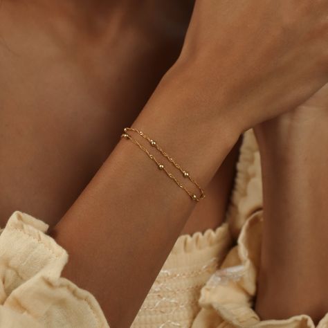 Hand Chain Jewelry, Dainty Gold Bracelet, Duo Beads, Gold Bracelet Set, Gold Bracelet For Women, Bestie Gifts, Bridesmaid Bracelet, Hand Chain, Bead Chain