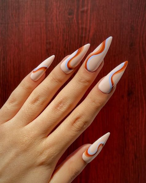 Retro Nails 2024: Reviving 70s Style & Vintage Designs 60s Nails Retro, Brown Retro Nails, Retro Swirl Nails, Color Swirl Nails, Retro Nails Vintage, Brown Swirl Nails, Nail Shape And Length, 70s Nails Retro, Summer Swirl Nails