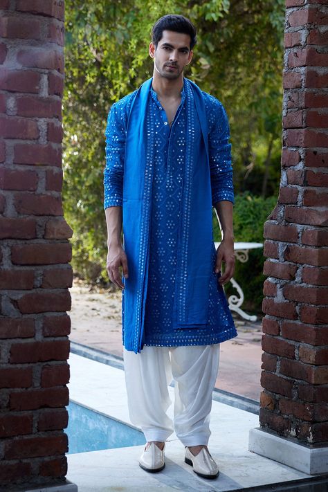 Kurta With Stole Men, Blue Kurta Men, Sangeet Outfit For Men, Stole For Men, White Salwar, Intricate Mirror, Indian Wedding Clothes For Men, Danish Image, Haldi Dress