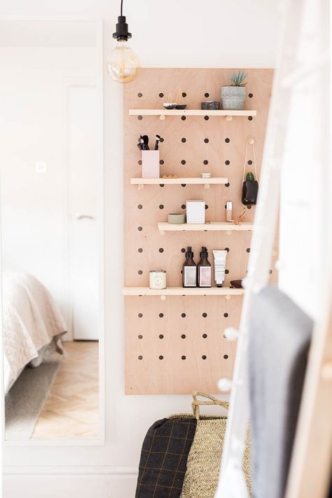 About | Fall For DIY Standing Vanity Ideas, Pegboard Living Room, Modern Pegboard, Hidden Mirror, Storage Apartment, Mirror Storage, Diy Shelf, Standing Vanity, Custom Shelving