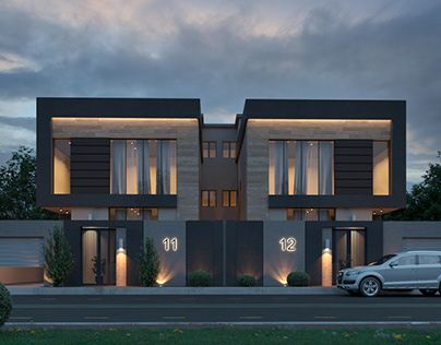 Twin Duplex House Design, Twin House Design Plan, Twin Villa Design Modern Plan, Modern Twin House Design, Modern Family House Exterior, Duplex Design Exterior, Twin Villa Plan, Twin Villa Design Modern, Modern Duplex Design House Plans