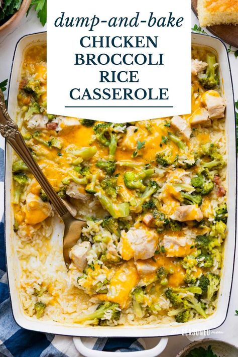 With about 10 minutes of prep, this dump-and-bake chicken broccoli rice casserole is an easy dinner that cooks in one dish! There's no need to pre-cook the rice, pre-cook the chicken, or sauté the veggies, so the comfort food meal is an ideal option to pop in the oven for busy nights. Chicken Broccoli Rice Cheese Casserole, Baked Chicken Casserole, Chicken Rice Bake, Broccoli Recipes Casserole, Chicken Broccoli Rice Casserole, Chicken Broccoli Rice, Healthy Casserole Recipes, Easy Chicken And Rice, Broccoli Rice Casserole