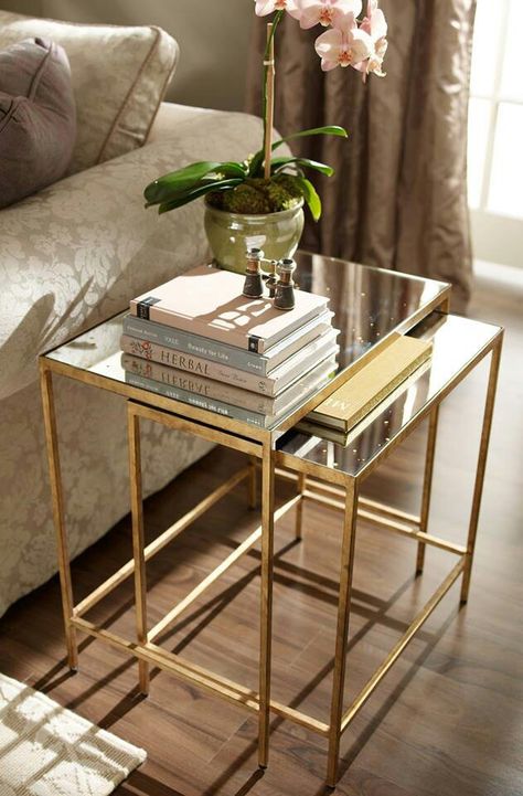 Interior design trends: Gold. Ethan Allen mirror top golden side tables. Pantone Gold, Golden Side Table, Iron Tables, Layout Portfolio, تصميم الطاولة, Hutch Makeover, Side Table Decor, Apartment Living Room Design, Stone Table