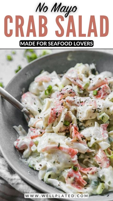 This creamy crab salad is a lighter version of the original with no mayo! Fresh herbs and lemon make it bright. The best imitation crab salad recipe! Crab Recipes Healthy, Immitation Crab Recipes, Shrimp And Crab Salad, Crab Meat Salad, Crab Pasta Salad, Seafood Soups, Crab Pasta, Crab Salad Recipe, Sea Food Salad Recipes