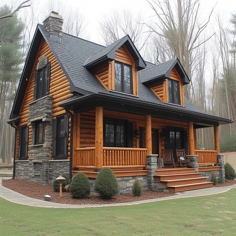 Black Window Trim Interior Log Cabin, Log Cabin Black Roof, Exterior Cabin Design, Black Log Cabin Homes, Log Home Stain Colors Exterior, Log Cabin With Black Metal Roof, Log Cabin Front Door Color Ideas, Log Cabin Front Door Colors, Log Cabin House Exterior