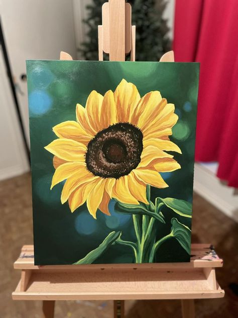 My acrylic painting | Followed a tutorial and was really happy how it turned out Sun Flower Canvas Painting, Yellow Art Aesthetic Painting, Sunflower Painting Gouache, Mini Sunflower Painting, Sunflower Painting Simple, Sunflower Painting Acrylic Canvases, Painting Ideas On Canvas Sunflower, Sunflower Art Drawing, Sunflower Scenery