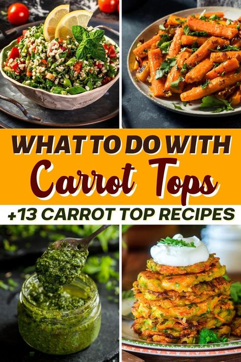 If you grow your own veggies, you've probably wondered what to do with carrot tops. Luckily, I have 13 easy and delicious carrot top recipes right here! Recipe Using Carrots, Gremolata Recipe, Canned Carrots, Roasted Rainbow Carrots, Carrot Tops, Healthy High Protein Snacks, Carrot Greens, Csa Recipes, Flavorful Vegetables