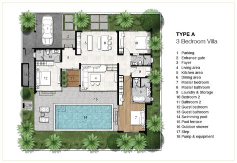 Trichada Villas specifications | quality, master and villa sizes Villa Site Plan Design, Bali Villa Floorplan, Bali Style Villa, Site Plan Design, Resort Design Plan, Resort Plan, Small Villa, Villa With Pool, Pool House Plans