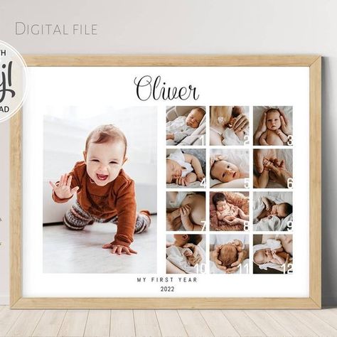 Editable First Year Photo Collage Template Baby 1st Birthday - Etsy Baby Collage Ideas, First Year Baby Pictures, Baby Photo Collage Ideas, Baby Frame Ideas, Baby First Year Pictures, Baby Photo Frame Ideas, One Year Baby Photo Ideas, Big Photo Frame, Beautiful Paper Crafts