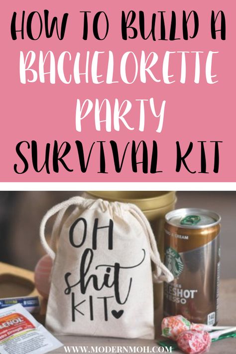 A detailed list of ideas for a DIY bachelorette party survival kit, AKA an "oh shit kit". #bachelorettepartysurvivalkitideas #bachelorettepartysurvivalkitlist | modernmoh.com via @modernmoh Bridal Survival Kit For Bride Cute Ideas, Bridal Party Survival Kit, Bachlorette Party Survival Kit Diy, Bridal Shower Kit, Bride Survival Kit Bachelorette Parties, Bridesmaid Survival Kit Diy, Hosting A Bachelorette Party, Moh Bachelorette Party Duties, Bachelorette Survival Kit Ideas