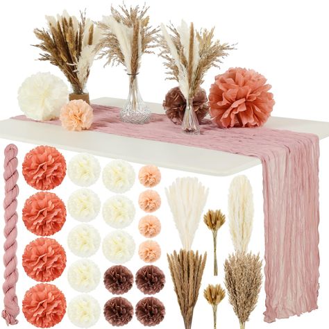 PRICES MAY VARY. Boho Wedding Table Decoration Set: you will receive 110 pieces pampas grass bouquet, 20 pieces dusty rose pink paper pom poms and 1 piece of rustic table runner, nice 131 pcs boho themed party supplies, could decorate the elegant and romantic party you want Neutral Dried Floral Grass: contains 50 bunny tails dried flowers, 20 mini reed grass, 15 white pampas, 15 brown pampas; 5 white reeds and 5 brown reeds, a total of 110 pcs; Dried floral arrangements are naturally dried and p Girly Fall Baby Shower Decor, Pampas Party Decor, Dusty Rose Baby Shower Theme, Boho Baby Shower Ideas Decoration, Boho Baby Shower Centerpieces, Pink Cheesecloth Table Runner, Pink Fall Baby Shower, Blush Baby Shower Decor, Baby Shower Table Decor