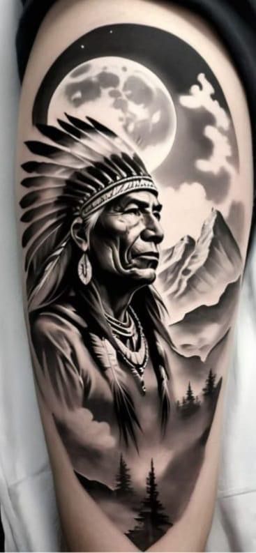 Indian Tattoo Design For Men, Chief Tattoo Design, Indian Tattoo Men, Apache Tattoo, Indian Head Tattoo, Red Indian Tattoo, Indian Chief Tattoo, Chief Tattoo, Tattoo Indian