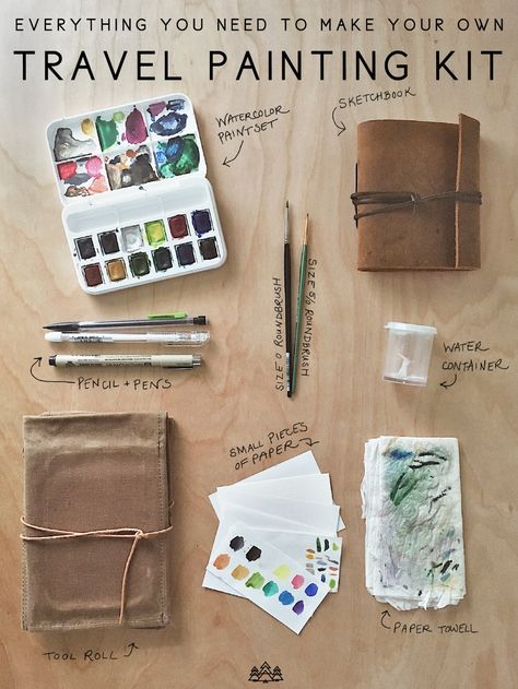 Travel Painting Kit Diy, Portable Painting Kit, Water Colour Travel Journal, Diy Travel Paint Kit, Travel Art Bag, Travel Art Supplies, Diy Art Kit, Travel Painting Kit, Traveling Artist