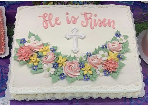 Easter Cake He Is Risen, Easter Sheet Cake Decorating Ideas, He Is Risen Cake, Easter Cake Christian, Easter Sheet Cakes, Easter Egg Cake Decorating Ideas, Easter Sheet Cake Ideas, Easter Sheet Cake, Easter Cake Designs