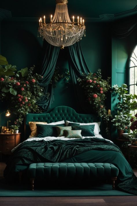 Step into a world where luxury meets the enchanting embrace of nature in this green dark moody romantic bedroom. The rich green walls, sophisticated moldings, and lush foliage invite the forest inside. The opulent tufted bed, cascading drapes, and stunning chandelier create a sanctuary where love flourishes amidst the whispers of leaves and the scent of flowers. A place where romance is a timeless journey through an enchanted woodland grove. Goth Bedroom Ideas, Emerald Green Bedrooms, Green Bedroom Design, White Bedrooms, Forest Bedroom, Simple Bed Designs, Goth Bedroom, Dark Home Decor, Bed Design Modern