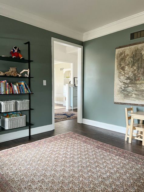 Dark Floor Green Wall, Dark Floors Green Walls, Dark Wood Floor Green Walls, Dark Wood Floors Green Walls, Paint Colors Dark Wood Floors, Green Entryway Walls, Wall Colors For Dark Wood Floors, Salon Colors, Dark Laminate Floors