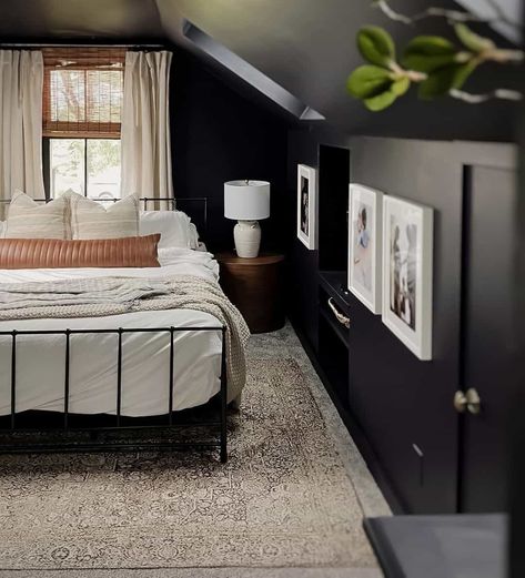 Black Bedroom Vaulted Ceiling, Attic Rec Room Ideas, Black Painted Ceiling Bedroom, Paint Attic Bedroom Sloped Ceiling, Black Bedroom White Trim, Painted Slanted Ceiling, Painting Attic Rooms Sloped Ceiling, Slanted Ceiling Bedroom Paint, Sloped Ceiling Bedroom Decor