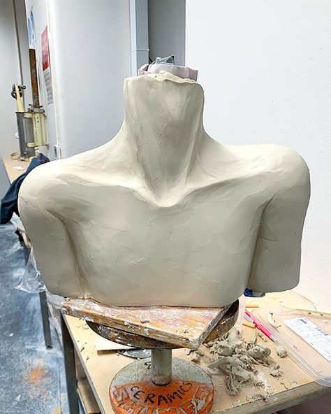 Work in progress on a life sized bust @sca_sydney! I still haven’t decided if the head will be human… #sculpture #sculptureprogress #bustsculpture #ceramicsculpture #ceramicbust #ceramicbustsculpture #artstudent #artstudentlife #art #artprocess #artprogress #ceramic #porcelain #stoneware #lifesizedsculpture #artist #artoftheday #sculpting #traditionalart #rosephelius Bust Head Sculpture, Pottery Bust Sculpture, Ceramic Bust Sculpture, Clay Bust Sculpture, Abstract Human Sculpture, Clay Person, Ceramic Sculpture Ideas, Female Body Sculpture, Clay Bust