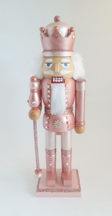 Rose Gold Blush Pink Champagne Christmas Nutcracker w/ Glitter & Rhinestones Rose Gold Nutcracker, Christmas Rose Gold Decorations, Pink And Gold Nutcracker, Nutcracker Christmas Pink, Pink Christmas Nutcracker, Pink Nutcracker Christmas Tree, The Nutcracker Christmas Decor, Nutcracker Decorations Ideas, Pink Xmas Decorations