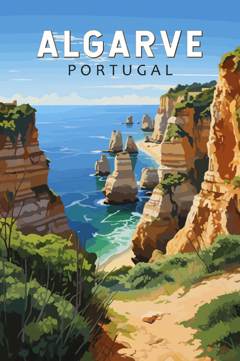 Retro art poster of Algarve, Portugal, showcasing the region's stunning cliffs, beaches, and azure waters in a vintage style. Ideal for home or office decor Algarve Portugal Aesthetic, Portugal Postcard, Amazing Illusions, Vintage Posters Travel, Portugal Print, Alvor Portugal, Portugal Aesthetic, Country Poster, Portugal Art