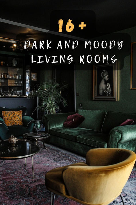 Transform your space into a cozy, dark, and moody living room. Click to dive into elegant and dramatic decor ideas! 🌑🛋️ #MoodyInteriors #LivingRoomDesign #HomeDecor #CozyHome #ElegantSpaces Dark Edgy Living Room, Modern Farmhouse Dark Interior, Moody Grunge Aesthetic, Dark And Moody Interiors Eclectic, Living Room Decor Gothic, Dark Cottagecore Living Room Cozy, Dark Room No Windows, Mid Century Modern Moody Living Room, Moody Sitting Area