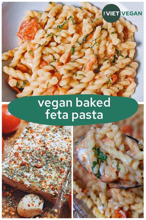 Vegan Baked Feta Pasta (from TikTok!) Feta Pasta Bake Tiktok, Vegan Feta Pasta, Pasta Bake Vegan, Feta Pasta Bake, Vegan Popcorn, Vegan Crab, Vegan Feta, Apple Chips Baked, Baked Feta Pasta