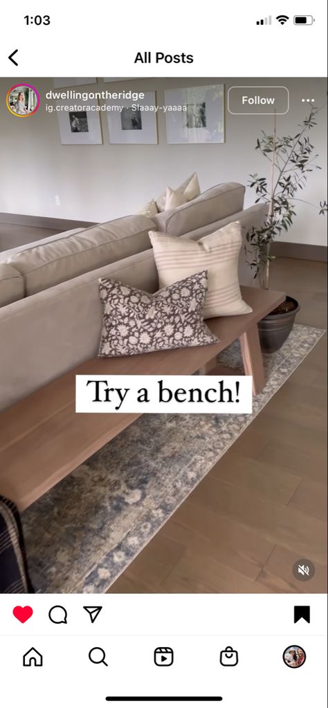 Back Of Couch Ideas Modern, Benches Behind Couches, Ottoman Behind Couch, Entryway Behind Couch Ideas, Couch With Bench Behind, Entryway Bench Behind Couch, Sofa Behind Window, Back Of Sectional Facing Entry, Hide Back Of Couch